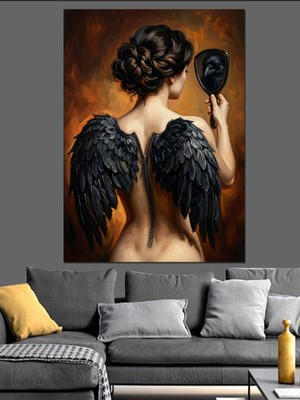 Karizma Tablo Siyah Kanatlı Kadın Sırt Portresi Dekoratif Kanvas - Mdf Ahşap Tablo