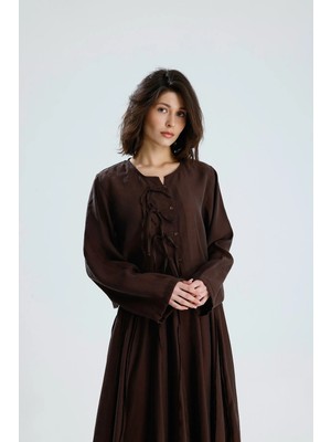 Minaaise Kadın Kahverengi Tencel Kumaş Bluz Bağcık Detaylı Ve Düğmeli 31043