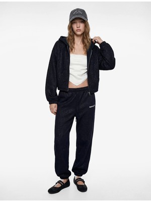 Koton Şardonlu Balon Kol Simli Kanguru Cepli Kapüşonlu Fermuarlı Oversize Sweatshirt