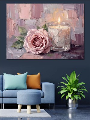 Karizma Tablo Vazoda Tek Gül ve Mum Dekoratif Kanvas - Mdf Ahşap Tablo