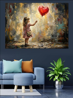 Karizma Tablo Kırmızı Balon Tutan Küçük Kız Dekoratif Kanvas - Mdf Ahşap Tablo