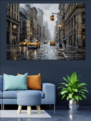 Karizma Tablo Yağmurlu New York Caddesi ve Taksiler Dekoratif Kanvas - Mdf Ahşap Tablo