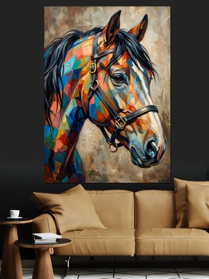 Karizma Tablo Renkli Boya Sıçratmalı At Portresi Dekoratif Kanvas - Mdf Ahşap Tablo