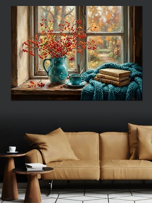 Karizma Tablo Pencere Kenarında Kırmızı Çiçek Dalları Dekoratif Kanvas - Mdf Ahşap Tablo