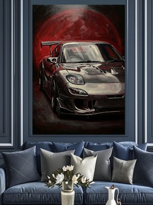 Karizma Tablo Yağmur Altında Kırmızı Spor Araba Dekoratif Kanvas - Mdf Ahşap Tablo