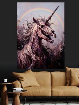 Karizma Tablo Iskelet Tek Boynuzlu At Unıcorn Dekoratif Kanvas - Mdf Ahşap Tablo