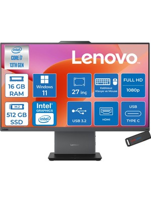 Lenovo Thinkcentre Neo 50A 27 G5 Intel Core I7 13620H 4.9ghz 16GB Ddr5 512GB SSD Windows 11 Pro Dokunmatik 27" Fhd (1920X1080) IPS 300NITS All In One Bilgisayar TC12SA0013TRP02 +Zetta Flash Bellek