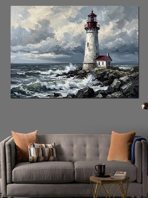 Karizma Tablo Fırtınalı Denizde Beyaz Deniz Feneri Dekoratif Kanvas - Mdf Ahşap Tablo