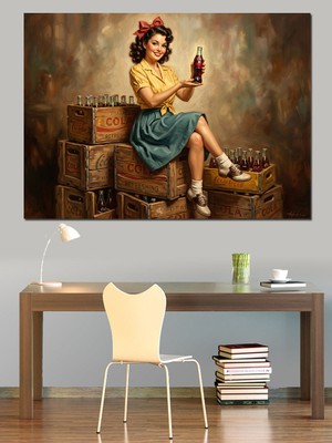Karizma Tablo Kasalar Üzerinde Kola Içen Kadın Dekoratif Kanvas - Mdf Ahşap Tablo