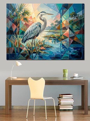 Karizma Tablo Geometrik Desenli Modern Balıkçıl Kuşu Dekoratif Kanvas - Mdf Ahşap Tablo