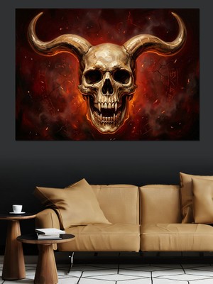 Karizma Tablo Alevler Içinde Boynuzlu Kurukafa Tasarımı Dekoratif Kanvas - Mdf Ahşap Tablo