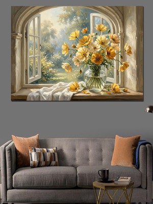 Karizma Tablo Pencere Kenarında Sarı Gül Buketi Dekoratif Kanvas - Mdf Ahşap Tablo