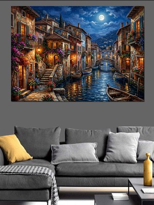 Karizma Tablo Geceleyin Işıklı Venedik Kanal Manzarası Dekoratif Kanvas - Mdf Ahşap Tablo