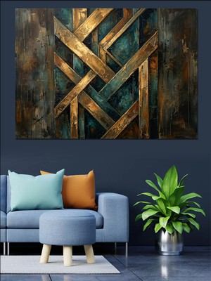 Karizma Tablo Altın Varaklı Geometrik Şerit Tasarımı Dekoratif Kanvas - Mdf Ahşap Tablo