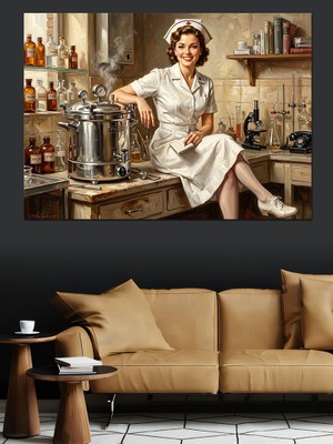 Karizma Tablo Laboratuvarda Çalışan Retro Hemşire Kadın Dekoratif Kanvas - Mdf Ahşap Tablo