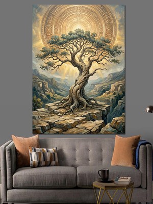 Karizma Tablo Dağ Eteğinde Heybetli Hayat Ağacı Dekoratif Kanvas - Mdf Ahşap Tablo