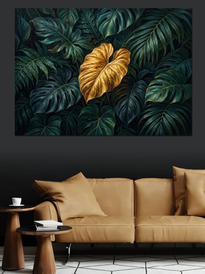 Karizma Tablo Altın Yaprak ve Tropikal Orman Dekoratif Kanvas - Mdf Ahşap Tablo