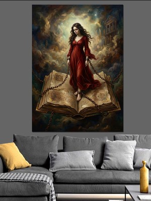 Karizma Tablo Kitap Üzerinde Duran Kırmızı Elbiseli Kadın Dekoratif Kanvas - Mdf Ahşap Tablo