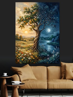Karizma Tablo Yarısı Gece Yarısı Gündüz Ağaç Dekoratif Kanvas - Mdf Ahşap Tablo