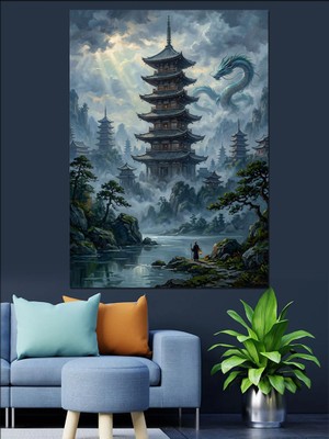 Karizma Tablo Sisli Dağlar Arasında Uzak Doğu Tapınağı Dekoratif Kanvas - Mdf Ahşap Tablo