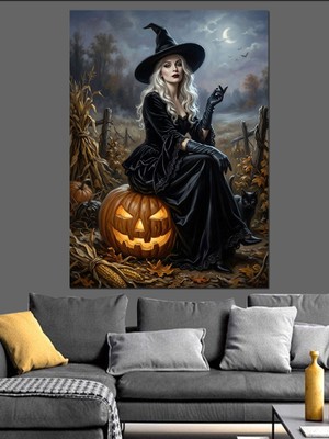 Karizma Tablo Balkabağı Üstünde Oturan Cadı Figürü Dekoratif Kanvas - Mdf Ahşap Tablo