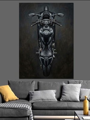 Karizma Tablo Siyah Arka Planda Modern Motosiklet Dekoratif Kanvas - Mdf Ahşap Tablo