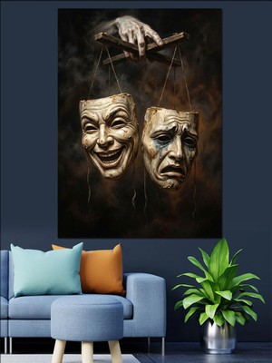 Karizma Tablo Gülen ve Ağlayan Tiyatro Maskeleri Dekoratif Kanvas - Mdf Ahşap Tablo