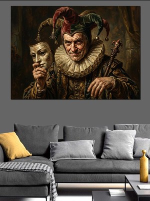 Karizma Tablo Maske Tutan Saray Soytarısı Portresi Dekoratif Kanvas - Mdf Ahşap Tablo