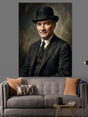 Karizma Tablo Atatürk Silindir Şapkalı Klasik Portre Dekoratif Kanvas - Mdf Ahşap Tablo