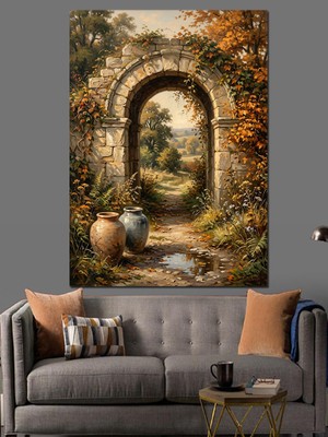 Karizma Tablo Çiçekli Kemerli Kapı ve Manzara Dekoratif Kanvas - Mdf Ahşap Tablo