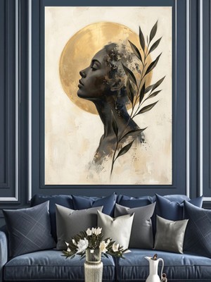 Karizma Tablo Ay ve Yapraklar Önünde Kadın Dekoratif Kanvas - Mdf Ahşap Tablo