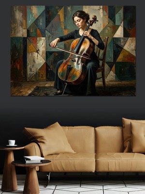 Karizma Tablo Geometrik Desenli Modern Çellist Kadın Dekoratif Kanvas - Mdf Ahşap Tablo