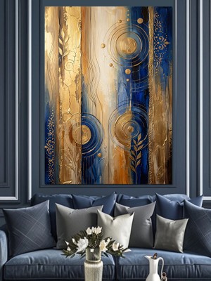 Karizma Tablo Altın ve Mavi Modern Soyut Geçiş Dekoratif Kanvas - Mdf Ahşap Tablo