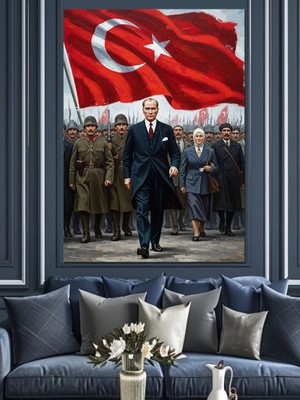 Karizma Tablo Atatürk ve Türk Bayrağı Tablosu Dekoratif Kanvas - Mdf Ahşap Tablo