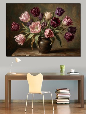 Karizma Tablo Vazoda Açmış Renkli Laleler Natürmort Dekoratif Kanvas - Mdf Ahşap Tablo