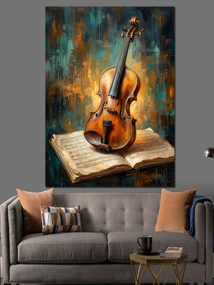 Karizma Tablo Nota Kağıdı Üzerinde Eski Keman Dekoratif Kanvas - Mdf Ahşap Tablo