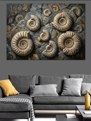 Karizma Tablo Taş Üzerinde Kabartma Üçlü Fosil Dekoratif Kanvas - Mdf Ahşap Tablo