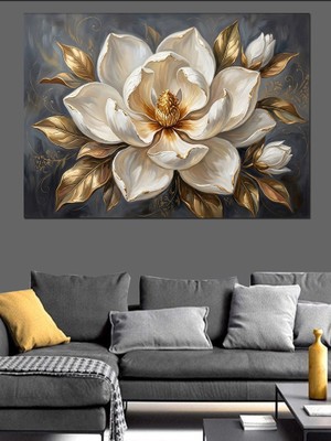 Karizma Tablo Altın Detaylı Beyaz Büyük Manolya Dekoratif Kanvas - Mdf Ahşap Tablo