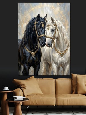 Karizma Tablo Yan Yana Duran Siyah ve Beyaz At Dekoratif Kanvas - Mdf Ahşap Tablo
