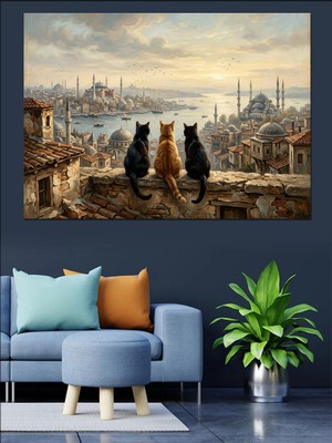 Karizma Tablo Istanbul Manzarasına Bakan Üç Kedi Dekoratif Kanvas - Mdf Ahşap Tablo