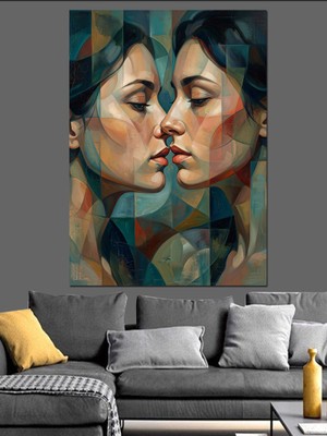 Karizma Tablo Birleşen Iki Kadın Yüzü Soyut Dekoratif Kanvas - Mdf Ahşap Tablo