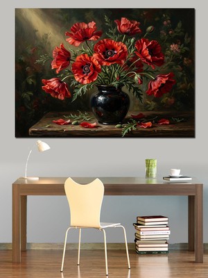 Karizma Tablo Masada Vazoda Kırmızı Gelincikler Dekoratif Kanvas - Mdf Ahşap Tablo