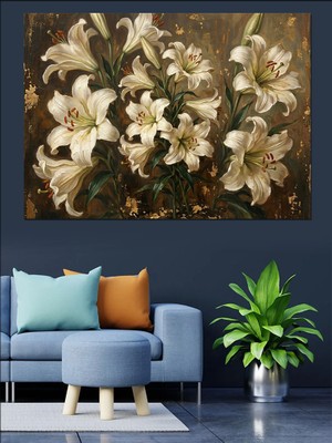 Karizma Tablo Karanlık Fondaki Beyaz Zambak Buketi Dekoratif Kanvas - Mdf Ahşap Tablo