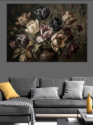 Karizma Tablo Koyu Renk Vazoda Gece Gülleri Dekoratif Kanvas - Mdf Ahşap Tablo