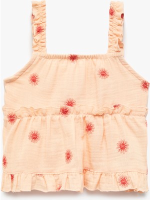 Koton Fırfır Detaylı Çiçek Işlemeli Kare Yaka Pamuklu Askılı Bluz