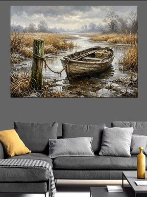 Karizma Tablo Sığ Sular Kıyısında Eski Sandal Dekoratif Kanvas - Mdf Ahşap Tablo