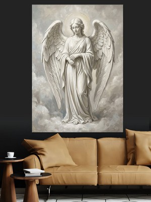 Karizma Tablo Beyaz Kanatlı Koruyucu Melek Heykeli Dekoratif Kanvas - Mdf Ahşap Tablo