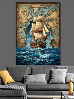 Karizma Tablo Antik Harita Üzerinde Yelkenli Gemi Dekoratif Kanvas - Mdf Ahşap Tablo