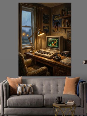 Karizma Tablo Eski Bilgisayar ve Retro Çalışma Masası Dekoratif Kanvas - Mdf Ahşap Tablo