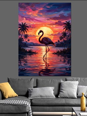 Karizma Tablo Gün Batımında Pembe Flamingo Gölü Dekoratif Kanvas - Mdf Ahşap Tablo